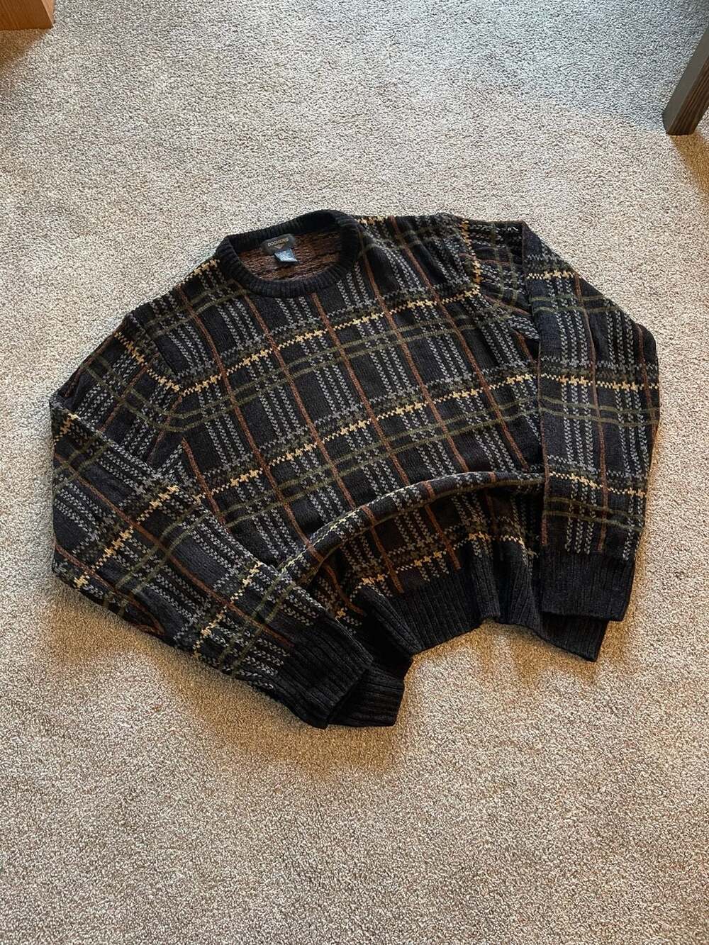 VTG 90s Dockers Crewneck Sweater Size L Brown Grid Plaid Acrylic Rayon Knit